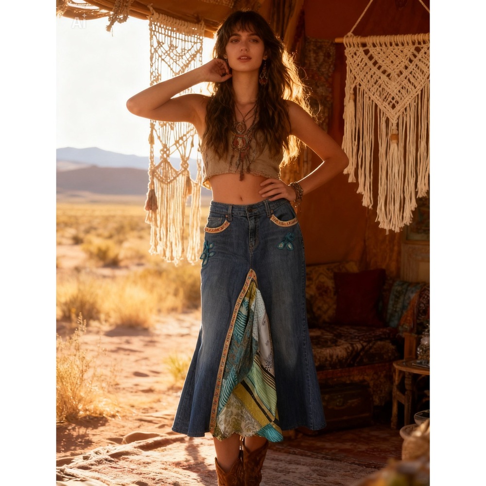 Levis 515 Upcycled Patchwork Denim Maxi Skirt Boho Funky Hippy Chic Boutique 10M